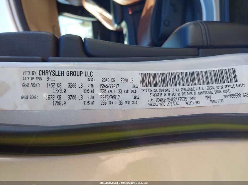 2012 Jeep Grand Cherokee Laredo VIN: 1C4RJFAG4CC117635 Lot: 43351561