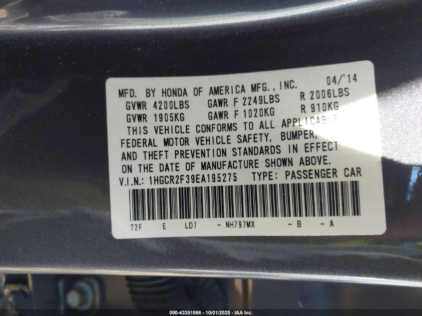 2014 Honda Accord Lx VIN: 1HGCR2F39EA195275 Lot: 43351566