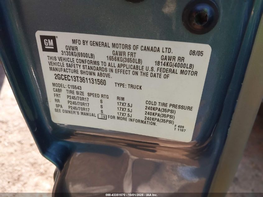 2006 Chevrolet Silverado 1500 Lt2 VIN: 2GCEC13T361131560 Lot: 43351570