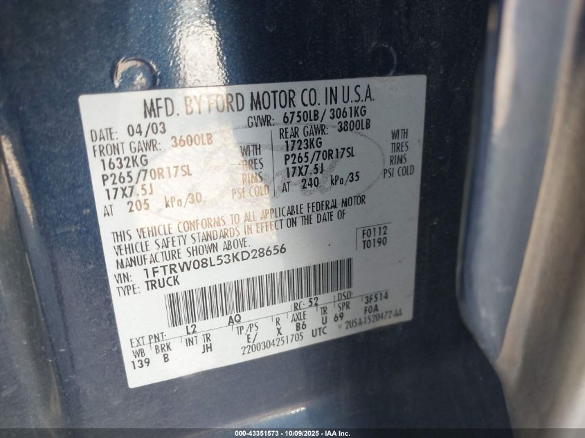 2003 Ford F-150 Lariat/Xlt VIN: 1FTRW08L53KD28656 Lot: 43351573