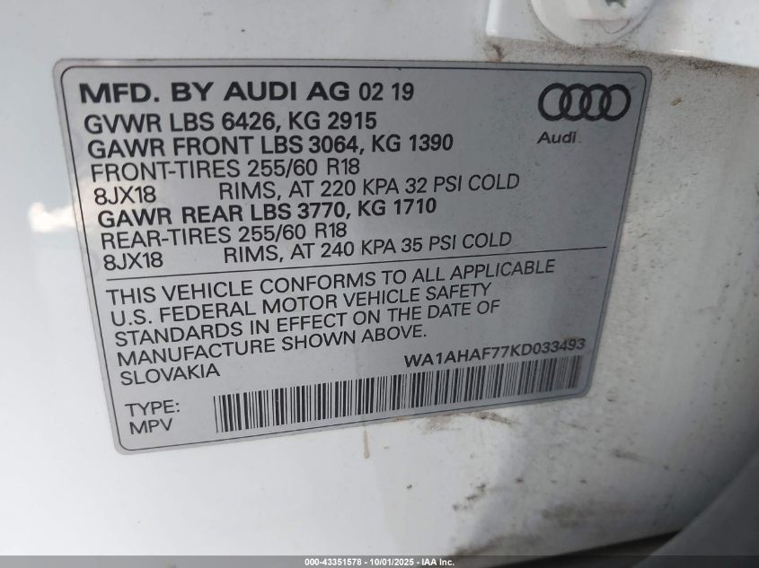 2019 Audi Q7 45 Premium VIN: WA1AHAF77KD033493 Lot: 43351578