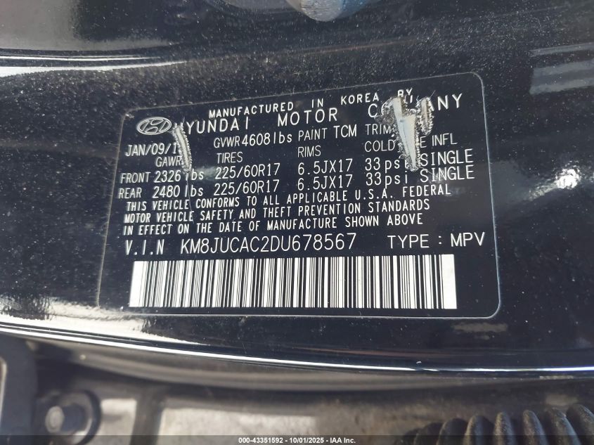 2013 Hyundai Tucson Gls VIN: KM8JUCAC2DU678567 Lot: 43351592