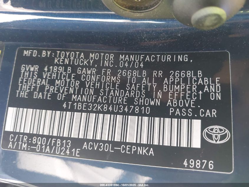 2004 Toyota Camry Le VIN: 4T1BE32K84U347810 Lot: 43351594