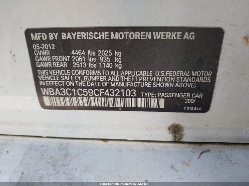 2012 BMW 328I VIN: WBA3C1C59CF432103 Lot: 43351596