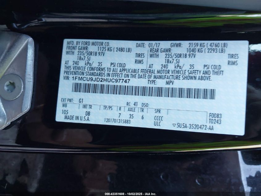 2017 Ford Escape Titanium VIN: 1FMCU9JD2HUC97747 Lot: 43351608