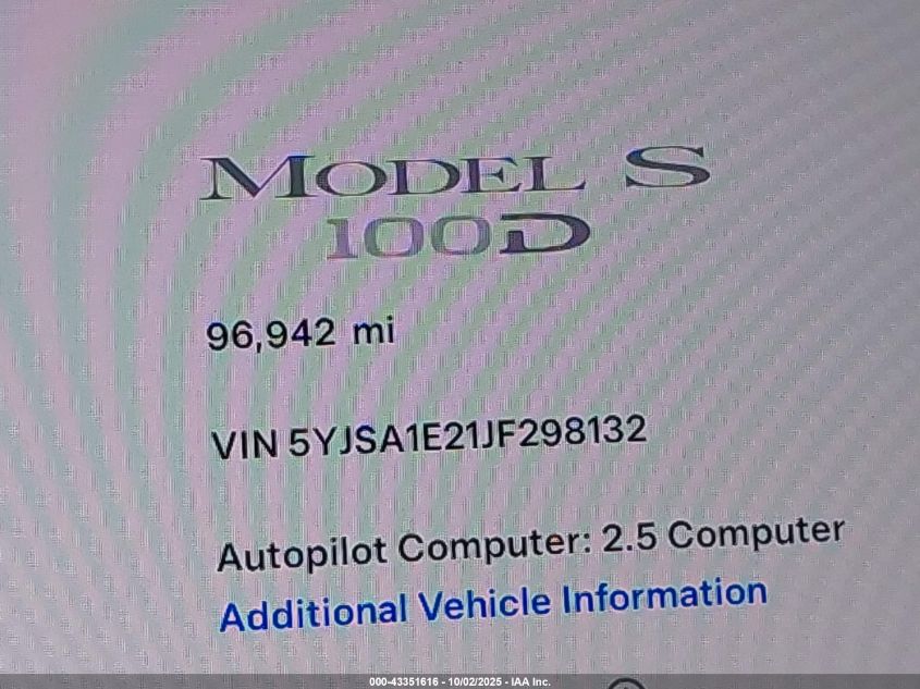 2018 Tesla Model S 100D/75D/P100D VIN: 5YJSA1E21JF298132 Lot: 43351616