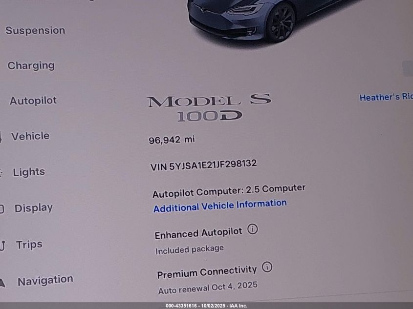 2018 Tesla Model S 100D/75D/P100D VIN: 5YJSA1E21JF298132 Lot: 43351616