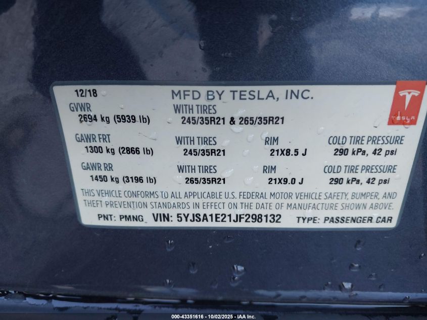 2018 Tesla Model S 100D/75D/P100D VIN: 5YJSA1E21JF298132 Lot: 43351616
