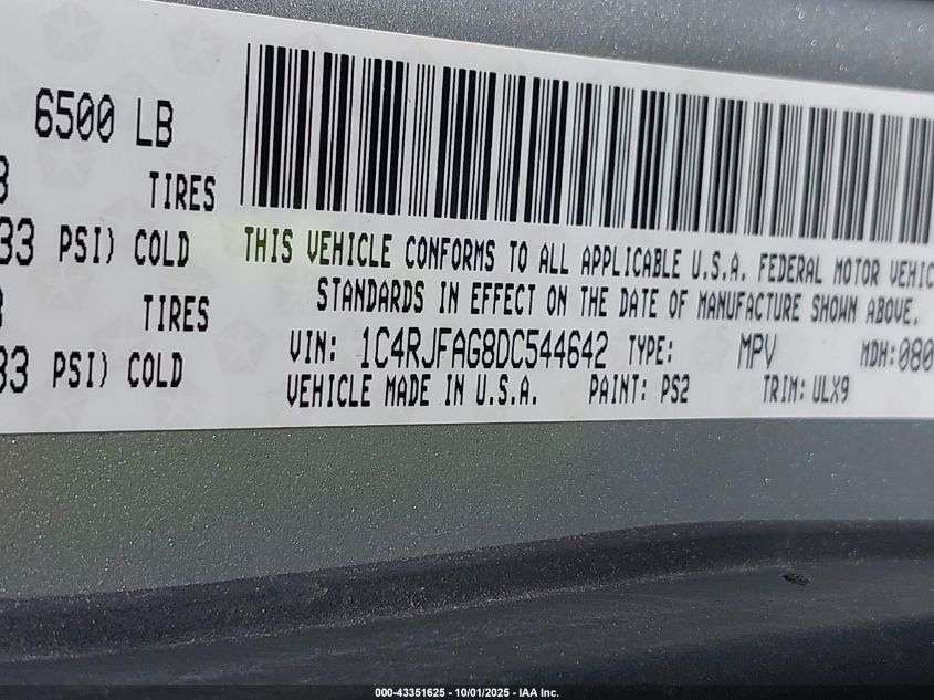 2013 Jeep Grand Cherokee Laredo VIN: 1C4RJFAG8DC544642 Lot: 43351625