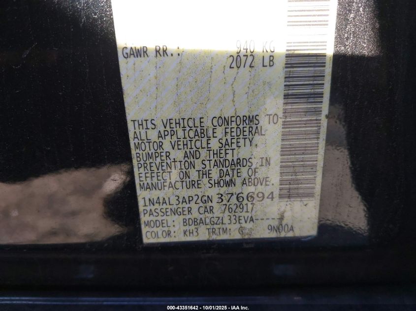 2016 Nissan Altima 2.5/2.5 S/2.5 Sl/2.5 Sr/2.5 Sv VIN: 1N4AL3AP2GN376694 Lot: 43351642