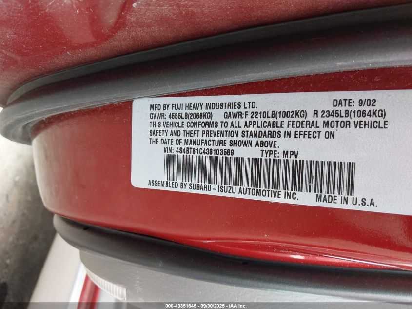 2003 Subaru Baja VIN: 4S4BT61C436103589 Lot: 43351645