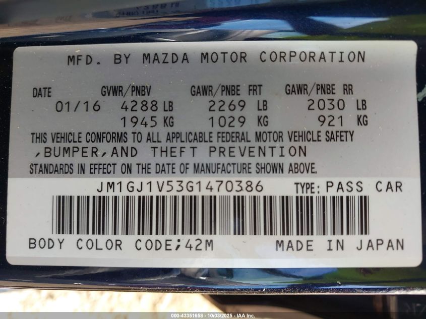 2016 Mazda Mazda6 I Touring VIN: JM1GJ1V53G1470386 Lot: 43351658