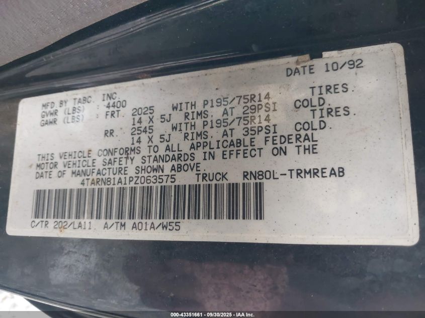 1993 Toyota Pickup 1/2 Ton Short Whlbase Stb VIN: 4TARN81A1PZ063575 Lot: 43351661