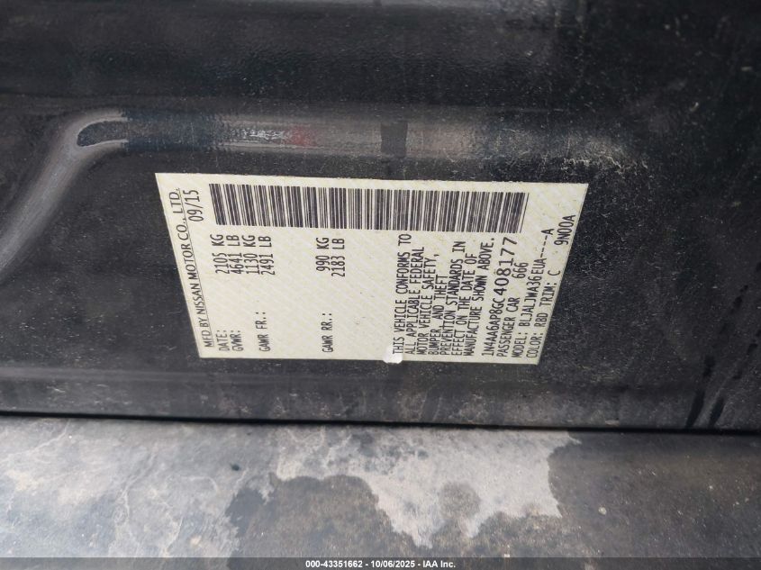 2016 Nissan Maxima 3.5 Sv VIN: 1N4AA6AP8GC408177 Lot: 43351662