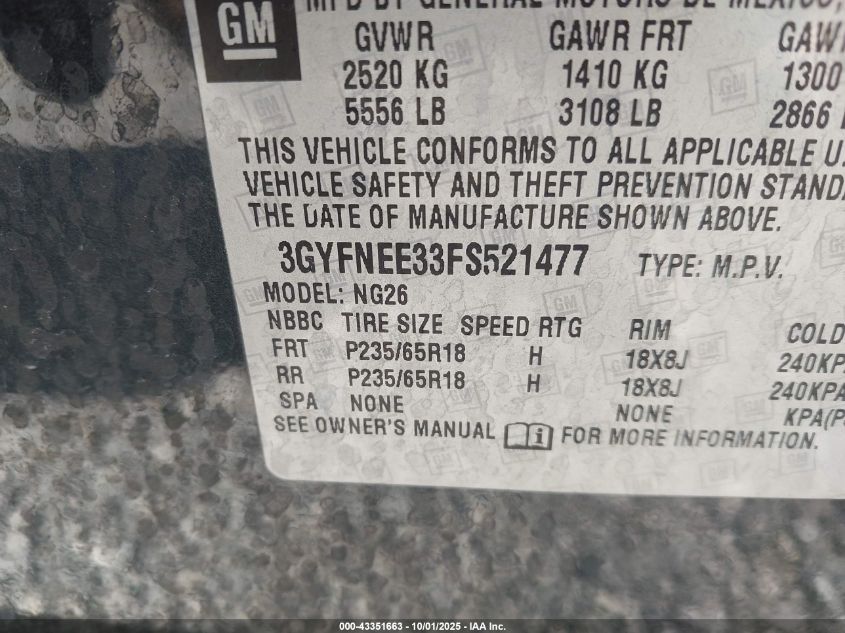 2015 Cadillac Srx Luxury Collection VIN: 3GYFNEE33FS521477 Lot: 43351663