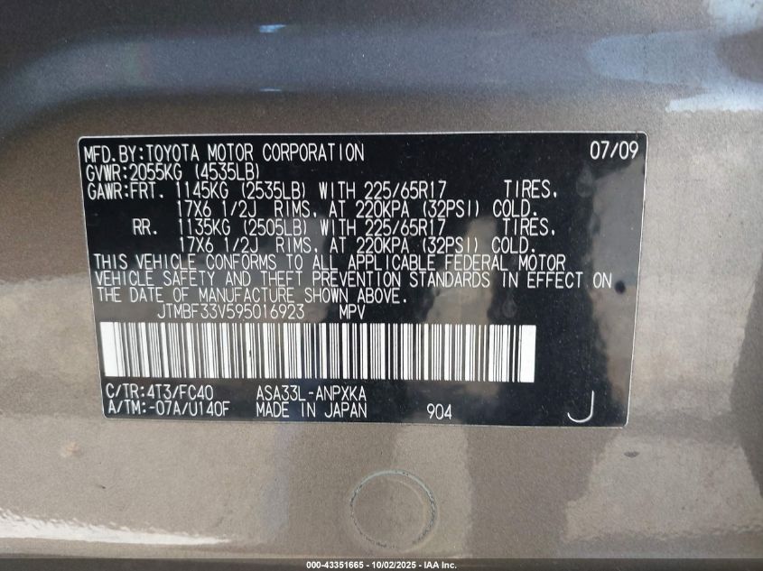 2009 Toyota Rav4 VIN: JTMBF33V595016923 Lot: 43351665