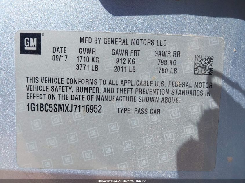2018 Chevrolet Cruze Ls Auto VIN: 1G1BC5SMXJ7116952 Lot: 43351674
