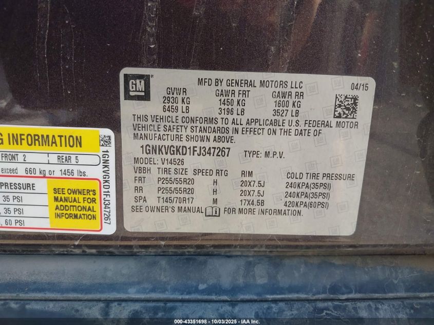 2015 Chevrolet Traverse 1Lt VIN: 1GNKVGKD1FJ347267 Lot: 43351698