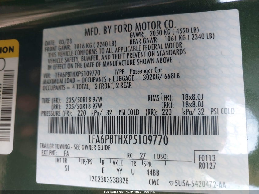 2023 FORD MUSTANG ECOBOOST PREMIUM FASTBACK - 1FA6P8THXP5109770