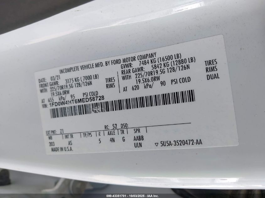 2021 Ford F-450 Chassis Xl VIN: 1FD0W4HT6MED58728 Lot: 43351701