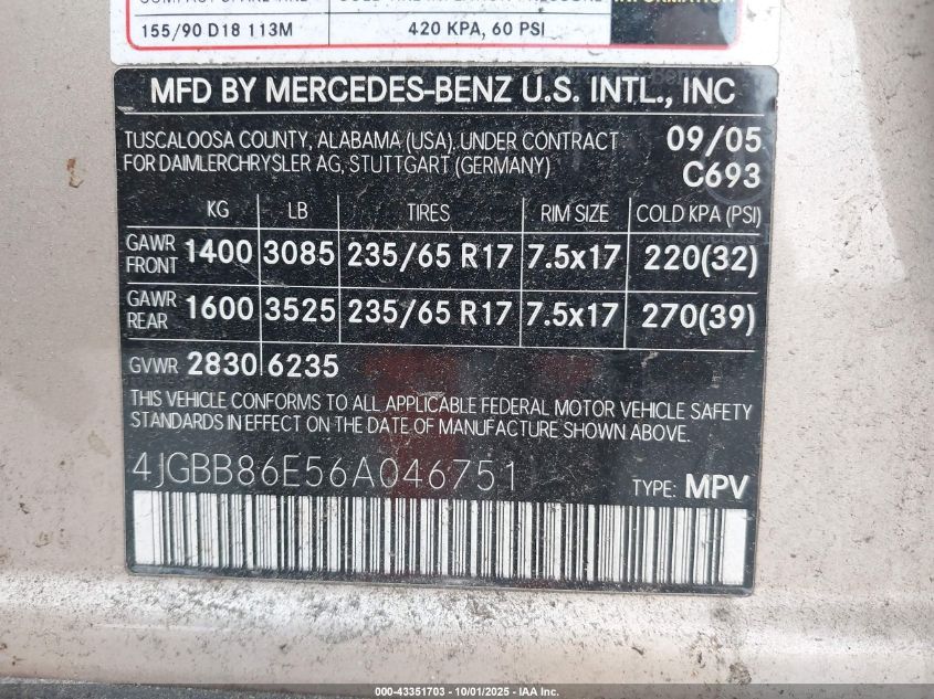 2006 Mercedes-Benz Ml 350 4Matic VIN: 4JGBB86E56A046751 Lot: 43351703