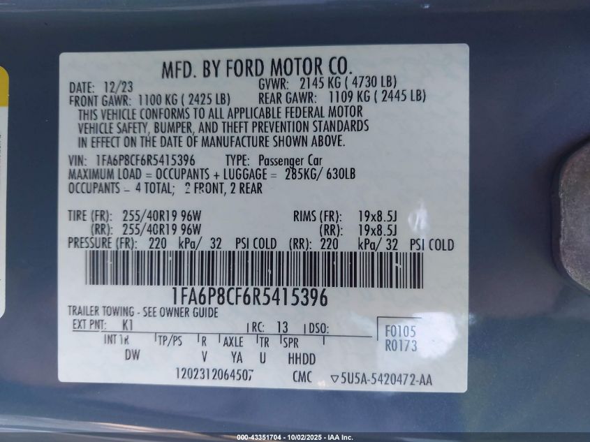 2024 Ford Mustang Gt Fastback VIN: 1FA6P8CF6R5415396 Lot: 43351704