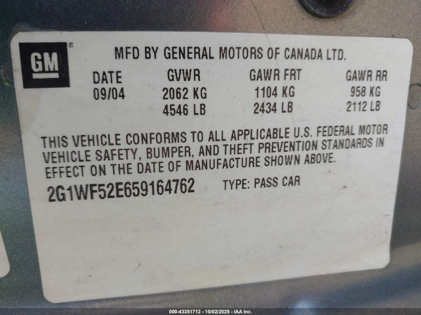 2005 Chevrolet Impala VIN: 2G1WF52E659164762 Lot: 43351712