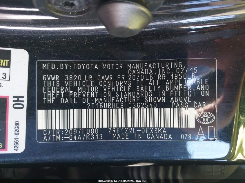 2015 Toyota Corolla S Plus VIN: 2T1BURHE9FC362540 Lot: 43351714