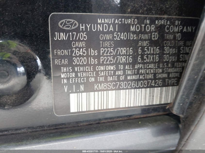 2006 Hyundai Santa Fe Gls VIN: KM8SC73D26U037426 Lot: 43351719