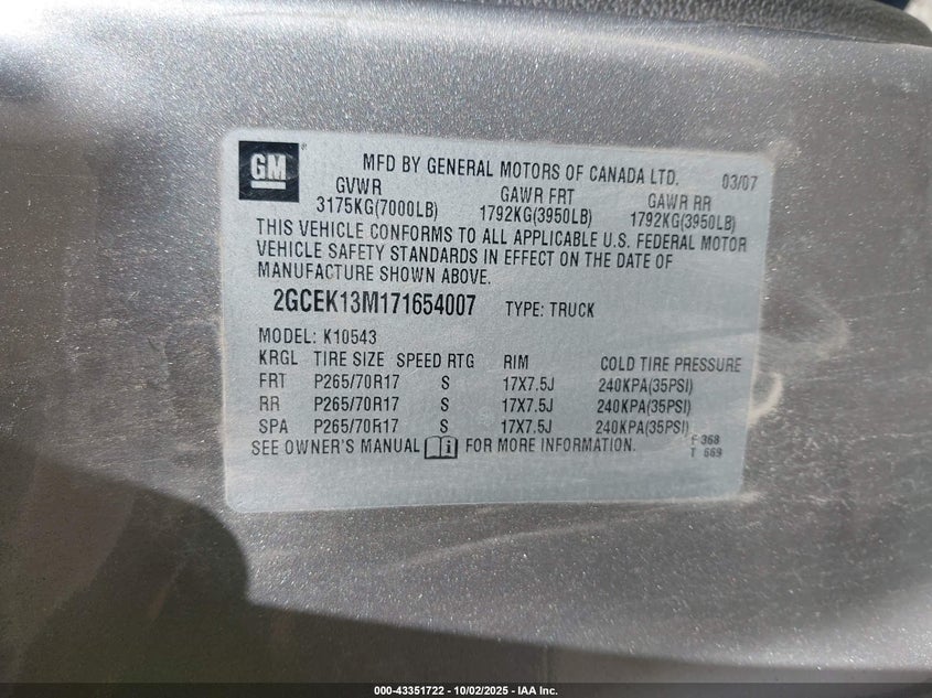 2007 Chevrolet Silverado 1500 Lt1 VIN: 2GCEK13M171654007 Lot: 43351722