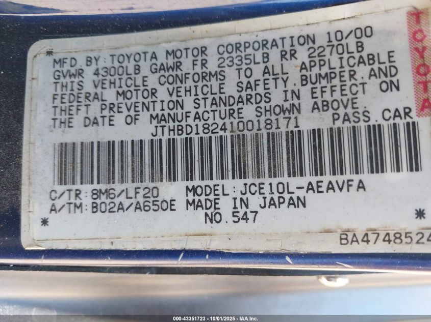 2001 Lexus Is 300 VIN: JTHBD182410018171 Lot: 43351723