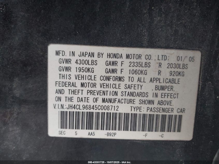 2005 Acura Tsx VIN: JH4CL96845C008712 Lot: 43351729