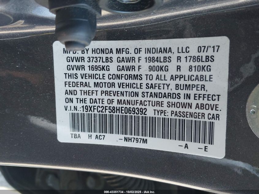 2017 Honda Civic Lx VIN: 19XFC2F58HE069392 Lot: 43351734