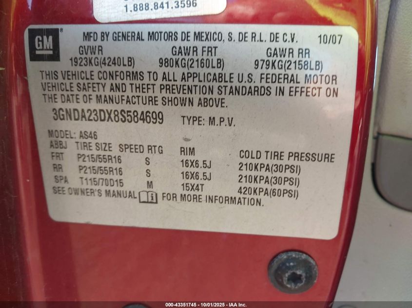 2008 Chevrolet Hhr Lt VIN: 3GNDA23DX8S584699 Lot: 43351745