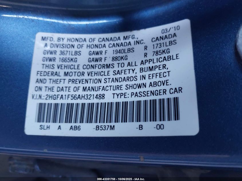 2010 Honda Civic Lx VIN: 2HGFA1F56AH321488 Lot: 43351758