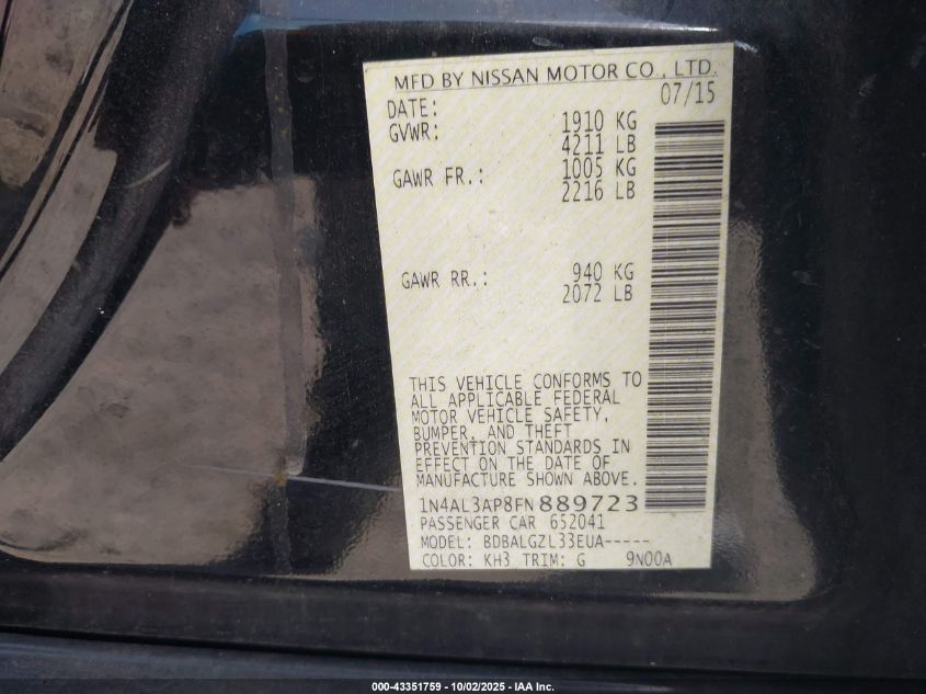 2015 Nissan Altima VIN: 1N4AL3AP8FN889723 Lot: 43351759