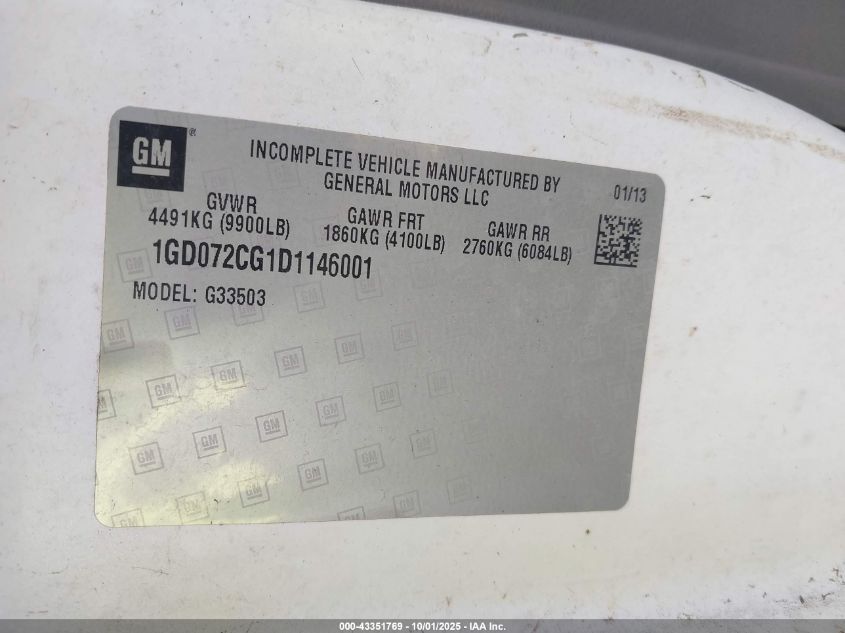 2013 GMC Savana Cutaway 3500 VIN: 1GD072CG1D1146001 Lot: 43351769