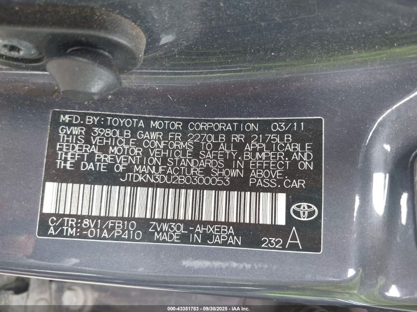 2011 Toyota Prius Two VIN: JTDKN3DU2B0300053 Lot: 43351783