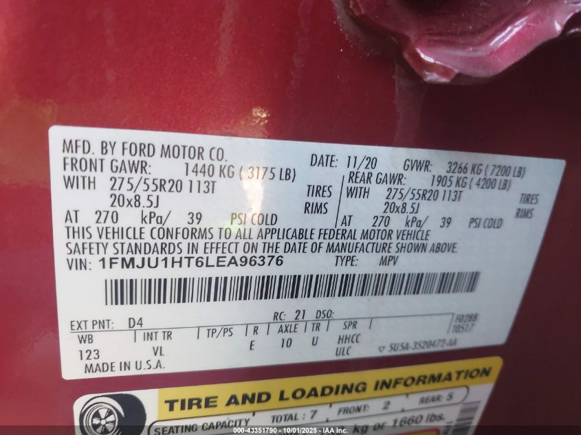 2020 Ford Expedition Xlt VIN: 1FMJU1HT6LEA96376 Lot: 43351790