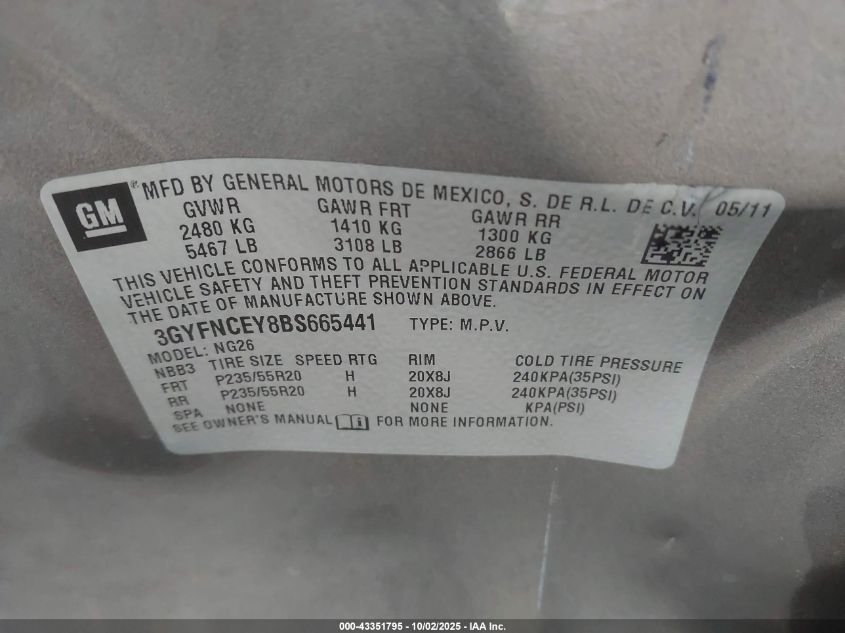 2011 Cadillac Srx Premium Collection VIN: 3GYFNCEY8BS665441 Lot: 43351795
