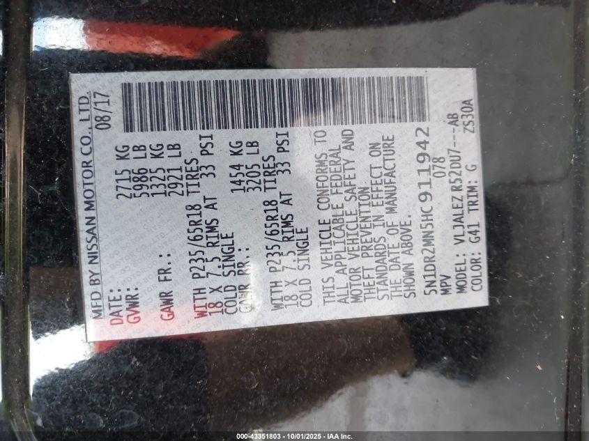 2017 Nissan Pathfinder Sv VIN: 5N1DR2MN5HC911942 Lot: 43351803