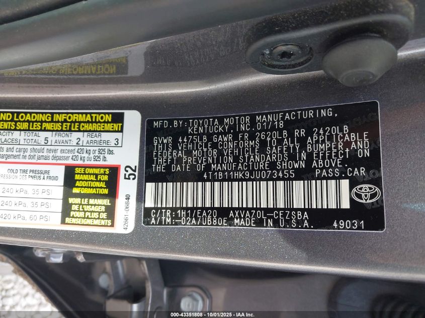 2018 Toyota Camry Se VIN: 4T1B11HK9JU073455 Lot: 43351808