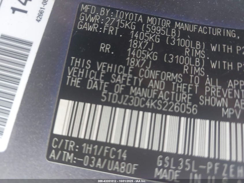 2019 Toyota Sienna Le 7 Passenger VIN: 5TDJZ3DC4KS226056 Lot: 43351812