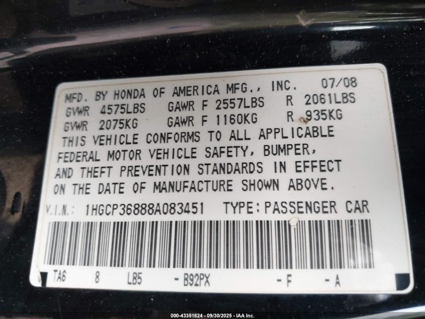 2008 Honda Accord 3.5 Ex-L VIN: 1HGCP36888A083451 Lot: 43351824