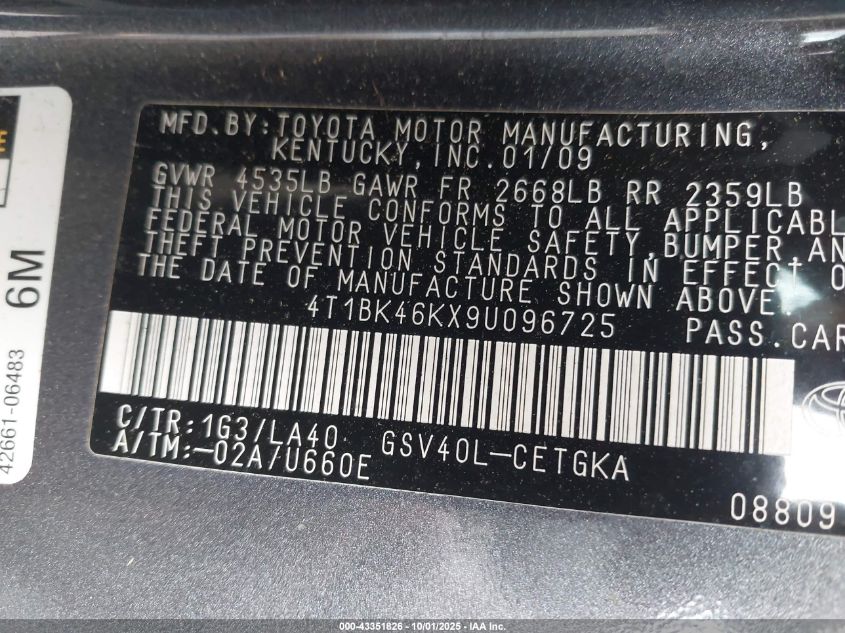 2009 Toyota Camry Xle V6 VIN: 4T1BK46KX9U096725 Lot: 43351826