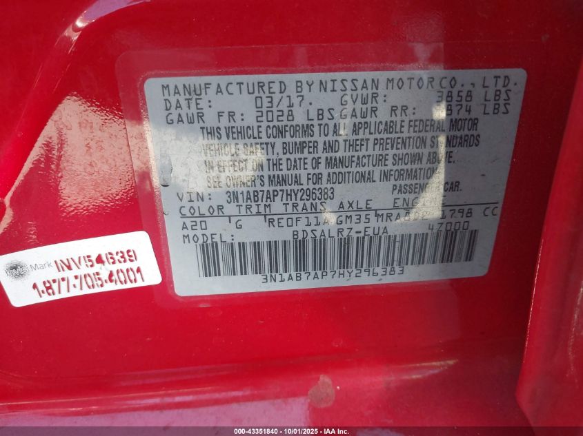 2017 Nissan Sentra Sr VIN: 3N1AB7AP7HY296383 Lot: 43351840
