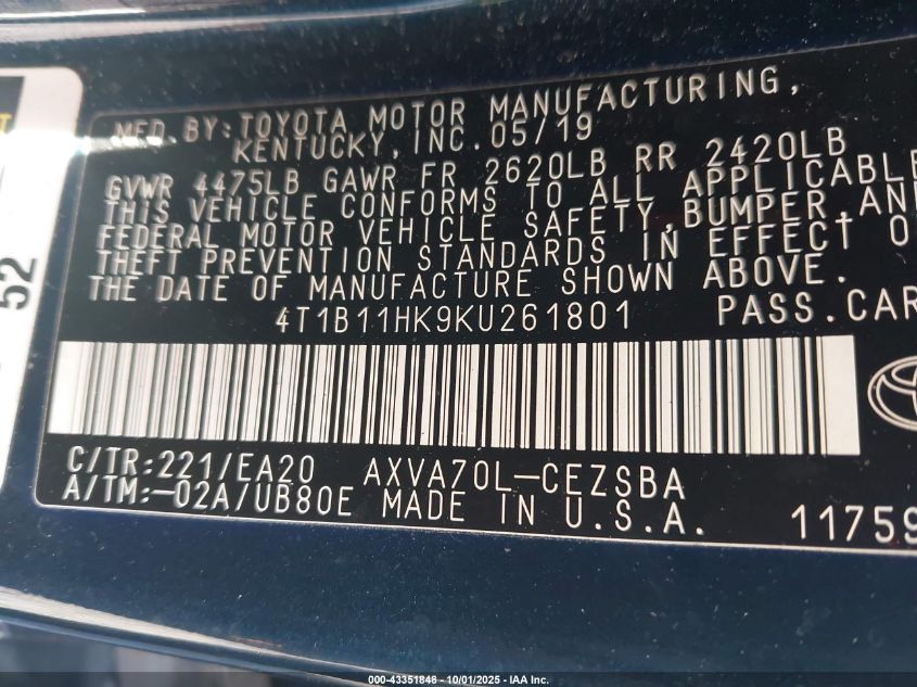 2019 Toyota Camry Se VIN: 4T1B11HK9KU261801 Lot: 43351848