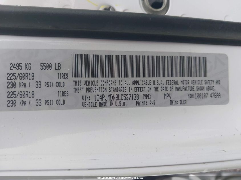 2020 Jeep Cherokee Limited 4X4 VIN: 1C4PJMDN8LD537138 Lot: 43351859