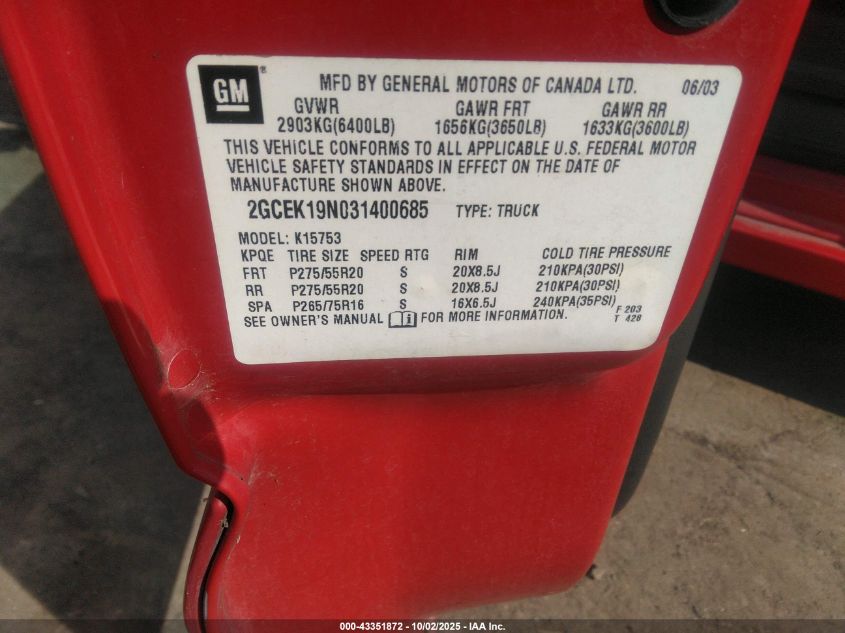 2003 Chevrolet Silverado 1500 Ss VIN: 2GCEK19N031400685 Lot: 43351872