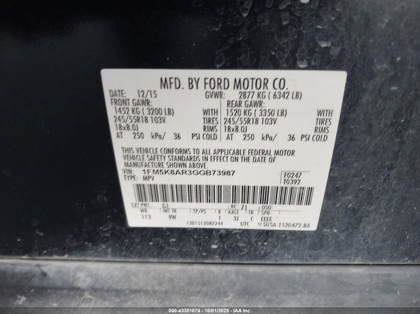 2016 FORD POLICE INTERCEPTOR - 1FM5K8AR3GGB73987